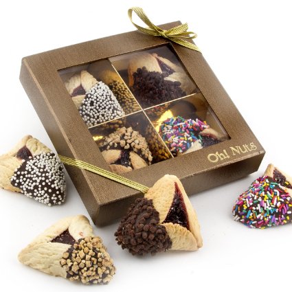 Purim Gift, Purim Hamantasch Gift, Chocolate Dipped Hamantashen Gift Box - Oh! Nuts (4 Pc. Chocolate Dipped Hamantaschen Gift Box)
