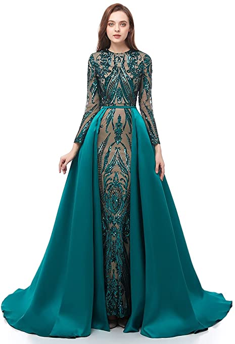 Women Green/Burgundy/Navy Blue Satin Mermaid Prom Evening Party Dress Gown Detachable Train
