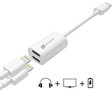 Ubittek Dual Lightning Charge & Audio Cable for iPhone 7, iPhone 7 Plus, ipad and any Lightning device that runs iOS 10 or later (white)