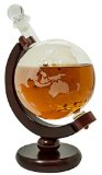Whiskey Decanter for Spirits or Wine - 650mL Decorative Etched Glass Globe Design - Dark Finished Wood Stand - Handcrafted Quality - Includes Bonus Bar Funnel