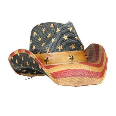Men's Vintage Tea-Stained USA American Flag Cowboy Hat w/ Western Shape-It Brim