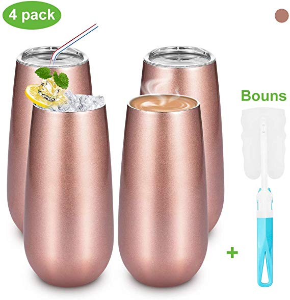 Champagne Flutes,Binken 4 Pack Stemless Champagne Flute,6 OZ Champagne Glasses Double Insulated Wine Tumbler with Lid and Cleaning Brush-Perfect for Hot or Cold Drinks (4 Rose Gold)