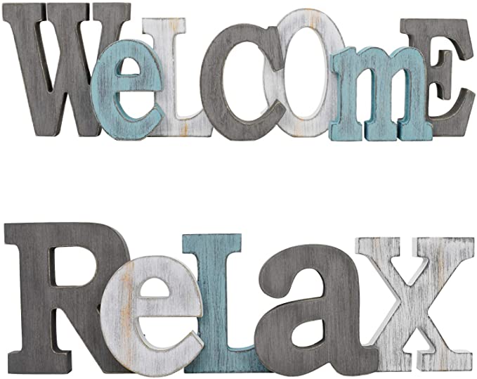 Rustic Wood Welcome Relax Sign Decorative Cutout Word Sign Wall Decor, Multicolor Wooden Welcome Relax Word Sign Freestanding Block Letters Wall Mounted Decorative Sign (Multicolor 2 Pack)