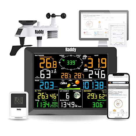 Raddy WF-100C Wetterstation mit Außensensor Funk, 14-IN-1 Wlan Innen-Außenthermometer mit 8 Zoll Digital Farbdisplay, Windmesser Regenmesser Solarsensor für Zuhause, Büro Hausgarten