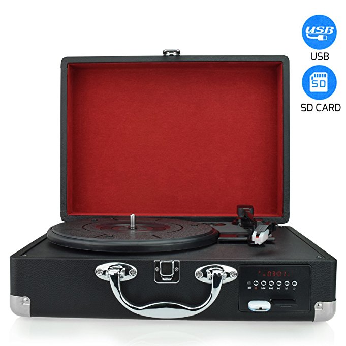 DigitNow!Suitcase Portable 3-Speed Stereo Turntable&FM Radio vinyl record to USB SD Built-in Speakers