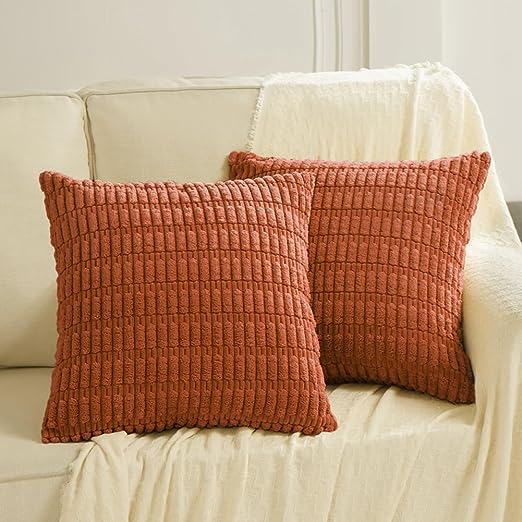 Fancy Homi 2 Packs Burnt Orange Decorative Throw Pillow Covers 18x18 Inch for Living Room Couch Bed Sofa, Farmhouse Boho Fall Home Decor, Soft Striped Corduroy Square Cushion Case 45x45 cm