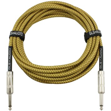 GLS Audio 20 Foot Guitar Instrument Cable - 14 Inch TS to 14 Inch TS 20 FT Brown Yellow Tweed Cloth Jacket - 20 Feet Pro Cord 20 Phono 63mm - SINGLE