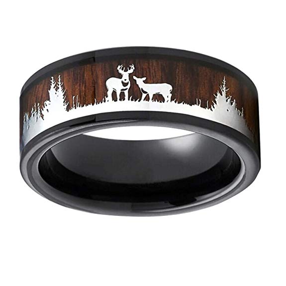 Cibee Christmas Deer Rings Wood Inlay Ring Classics Tungsten Steel Lovers Ring