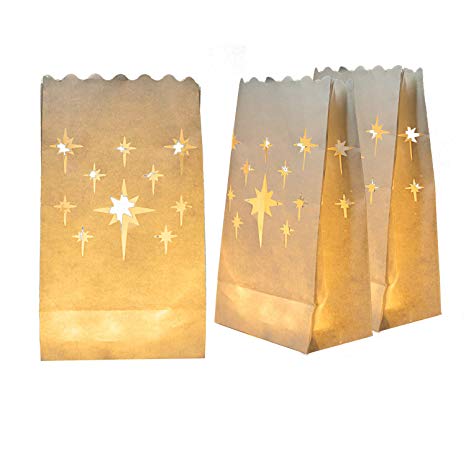 Homemory 50 PCS White Luminary Bags, Flame Resistant Candle Bags, Stars Design Luminaries for Wedding, Party, Halloween, Thanksgiving, Christmas