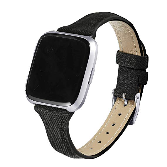 bayite Slim Woven Bands Compatible with Fitbit Versa/Versa 2 Bands, Durable Canvas Fabric Strap with Soft Leather Lining Women (5.5"-7.8")