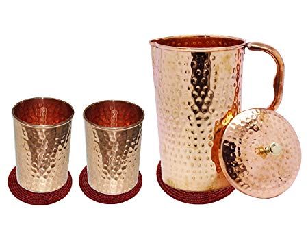 Rastogihandicrafts Pure Copper Hand Hammered JUG with 2 Glass and 3 Coaster for Drinking Water