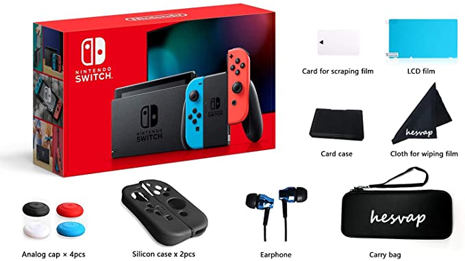 2020 Nintendo Switch with Neon Blue and Red Controllers w/ 69 Value HESVAP 13in1 Supper Kit Case (Earphone, LCD Film, Card Case, Silicon Case x 2pcs, Carry Bag, Wiping Cloth etc.)