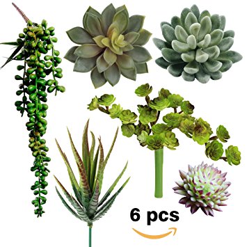 Supla Pack of 6 Assorted Artificial Succulents Picks Textured Faux Succulent Pick Succulent Stems Fake succulent bouquet String of Pearls Succulent Faux Succulent Floral Arrangement Accent