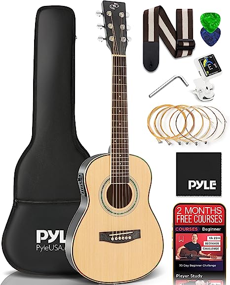 Pyle Acoustic Electric Guitar Kit, 1/4 Scale Spruce Wood Steel String Instrument w/ Gig Bag, 30”