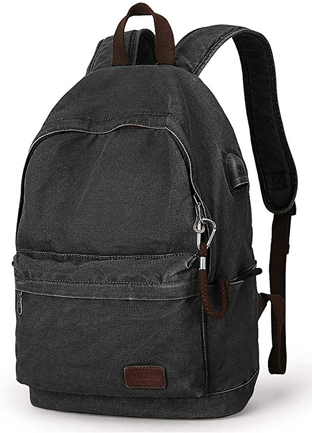 Muzee Canvas Backpack with USB Charging Port for Men Women, Lightweight Anti-Theft Travel Daypack College Student Rucksack Backpack Fits up to 15.6 inch Laptop Backpack,Black
