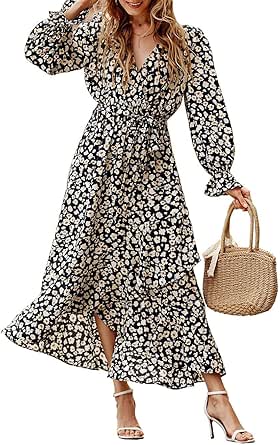 BTFBM Women Long Sleeve Wrap Maxi Dress V Neck Boho Floral High Waist Flowy Ruffle 2024 Spring Summer Dresses with Belt