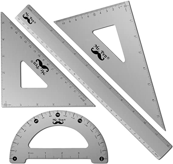 Mr. Pen - Geometry Set, 4 Pack, Metal Protractor, Aluminum Ruler, Metal Set Square, Triangle Ruler, Drafting Triangles, Triangle Ruler, Protractor Metal, Drafting Set, Geometry Kit, Drafting Ruler