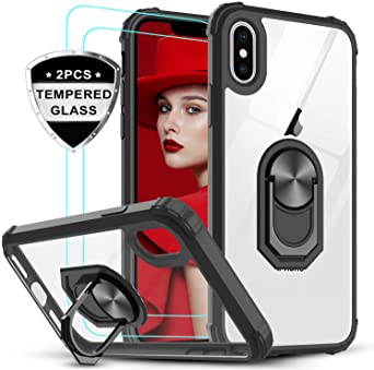 iPhone X Case, iPhone Xs Case, iPhone 10 Case with 2 Pack Tempered Glass Screen Protector, LeYi [Military-Grade] Clear Phone Case with Ring Car Mount Kickstand for Apple iPhone X/iPhone Xs/iPhone 10, Black