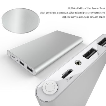 Portable Charger Power Bank Vomach 10000mah 2-output Fast Charging External Battery Charger with LED Flashlight Silver