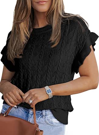 Dokotoo Womens Fashion Spring Summer 2024 Trendy Short Sleeve Tops Sweaters Casual Crewneck Pullover Shirt Knit Blouse