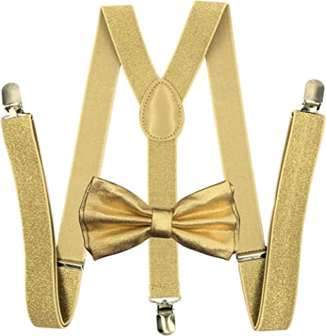 Metallic Gold Bow Tie & Matching Suspenders Set Tuxedo Wedding Prom Youth Men