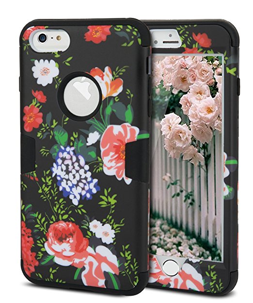 iPhone 6S Plus Case,iPhone 6 Plus Case,TOPSKY[Heavy Duty]Three Layers Rugged Armor Shockproof Soft Silicone Anti-Scratch Hard PC Hybrid Protective Case for iPhone 6 Plus/6s Plus,Flower 2 Black