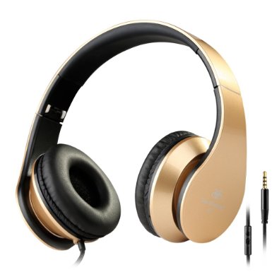 Intone I60 Lightweight Folding 35mm Stereo Over-ear Headphones Portable Stretch Headsets Earphones Leather Earpad with Build-in Microphone and Control Button for All Smartphoneslaptopstabletspcmp3mp4pspipod Golden