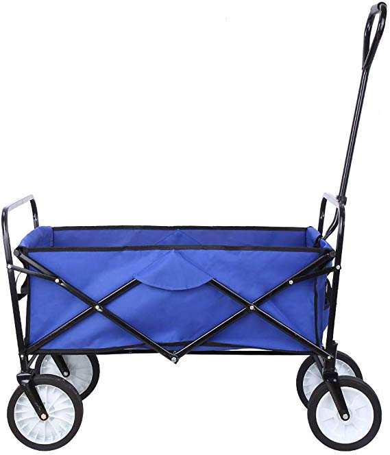 Collapsible Outdoor Utility Wagon, Heavy Duty Folding Garden Portable Hand Cart, with 8" Rubber Wheels and Drink Holder, Suit for Shopping and Park Picnic, Beach Trip and Camping (Blue)