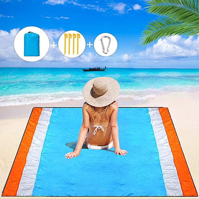 Mumu Sugar Sand Free Beach Blanket, 79''×83'' Extra Large Outdoor Picnic Blanket Waterproof Sand Proof Beach Mat for Travel, Camping, Hiking and Music Festivals (Orange-Blue)