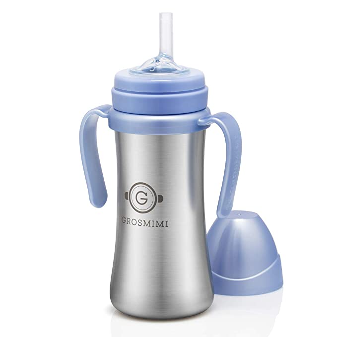 Grosmimi Vacuum Insulated Sippy Cup with Straw with Handle for Baby and Toddlers, Stainless 6 oz (Sky Blue)