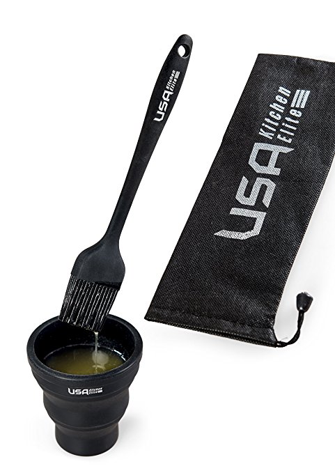 Silicone Basting Brush | Folding Cup | Storage Bag by USA Kitchen Elite | Silicone Bristles - Baste Food On The Grill With Ease - Ideal Pastry Brush & Barbecue Brush