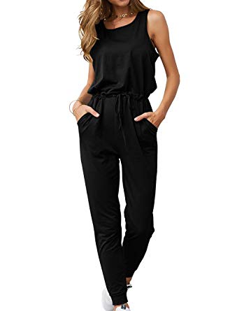 KIRUNDO Women's 2019 Summer Solid Casual Sleeveless Drawstring Waist Long Pants Rompers Jumpsuits with Pockets