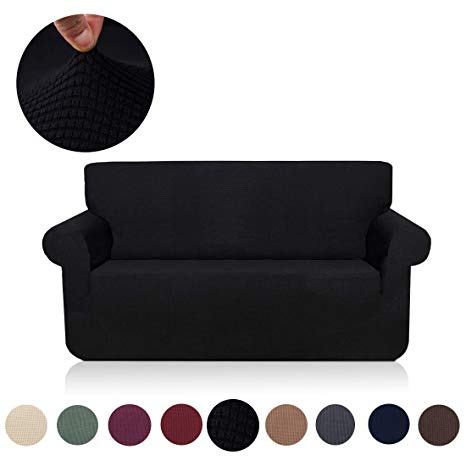 misaya Stretch Sofa Cover Soft Non-Slip Furniture Protector Jacquard Checks 1-Piece Couch Slipcover for Loveseat, Black