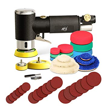 ZFE 1/2/3 Inch Random Orbital Air Sander, Mini Pneumatic Sander for Auto Body Work, High Speed Air Powered Sanders & Polisher with 15 Polishing Pads, 18 Sandpapers, 3 Plates, 1 Screw and Screwdriver