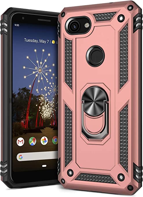 GREATRULY Ring Kickstand Phone Case for Google Pixel 3a XL,Heavy Duty Dual Layer Drop Protection Case,Hard Shell   Soft TPU   Ring Stand Fits Magnetic Car Mount,Rose Gold