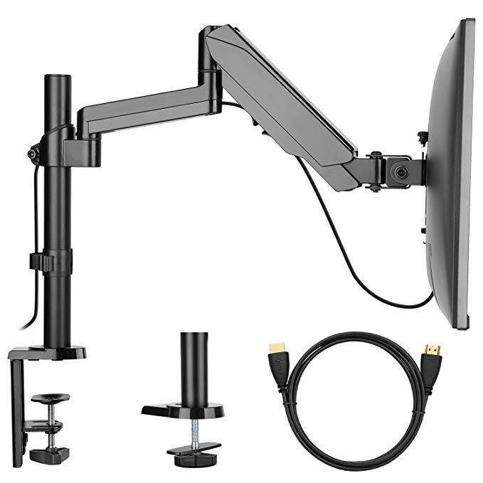 【Gas Spring 】Single Arm Monitor Stand HUANUO, Full Motion Adjustable Monitor Mount Riser with C Clamp/Grommet Base for LCD LED Screens up to 32 inch, Each Arm Holds up to 8kg, Bonus HDMI Cable