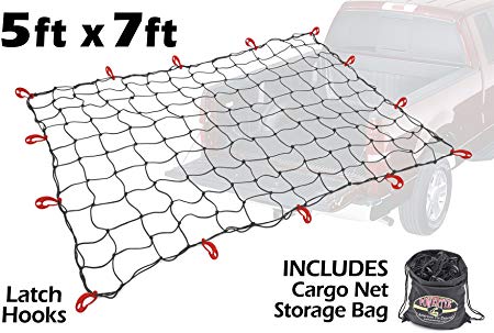 5ft x 7ft PowerTye Mfg Truck & Trailer Large Elastic Black Cargo Net With Drawstring Storage Bag | Includes 14 Large Latch Hooks, Black w/Bag