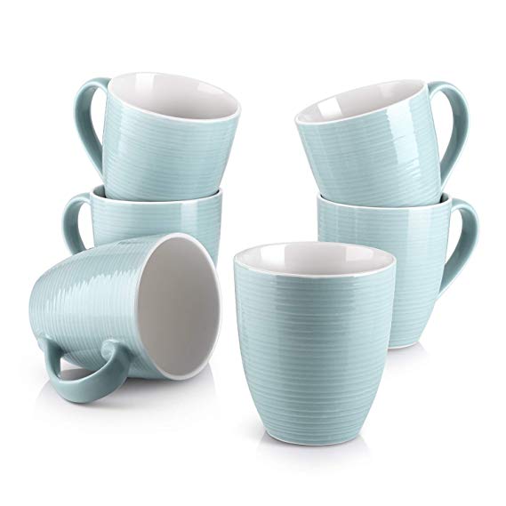 DOWAN Coffee Mugs, 17 Oz Coffee Mug Set of 6, Corrugated Tea Mugs, Turquoise