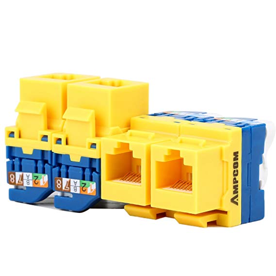 5-PACK CAT6 Tool Less Keystone Jack,AMPCOM RJ45 Self-Locking Cat.6 Keystone Module Adapter No Punch-Down Tool Required Couplers For Wall Plate UTP Yellow