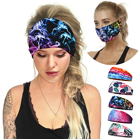 5 Pack Women's Yoga Running Headbands,3D Smoke Print Hair Band Sports Workout Hair Bands for Women