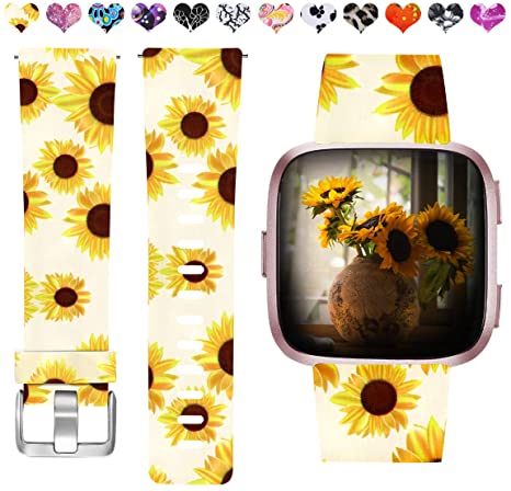 Maledan Compatible with Fitbit Versa/Versa 2/Versa Lite Bands for Women Girls, Water Resistant Strap Printed Pattern Wristband Replacement Band for Fitbit Versa Smart Watch, Large Sunflower