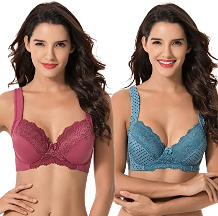 Curve Muse Plus Size Unlined Underwire Lace Bra with Padded Shoulder Straps-2PK