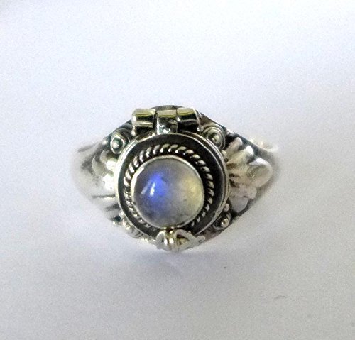 Rainbow Moonstone (light color) Poison Ring Bali Sterling Silver Locket AR11