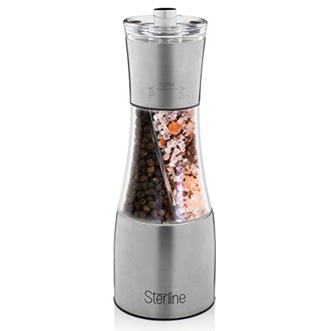 Sterline Dual Premium Salt and Pepper Grinder, Stainless Steel Salt Shaker Refillable Spice Mill with Adjustable Manual Precision Grinding, Modern Black Pepper Grinder and Rock Salt Mill