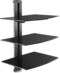 suptek 3 Floating Shelf Wall Bracket with Strengthened Tempered Glass for DVD Players/Cable Boxes/Games Consoles/TV Accessories, 3 Shelves, Black, CS303