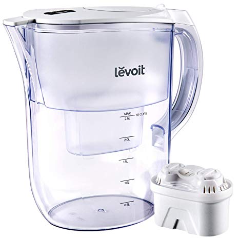 LEVOIT Water Filter Pitcher, Purifier with Large 10 Cup / 2.5L, Electronic Filter Indicator, BPA-Free, 5-Layer Filtration for Chlorine, Lead, Heavy Metals and Odor, 2-Year Warranty, LV110WP