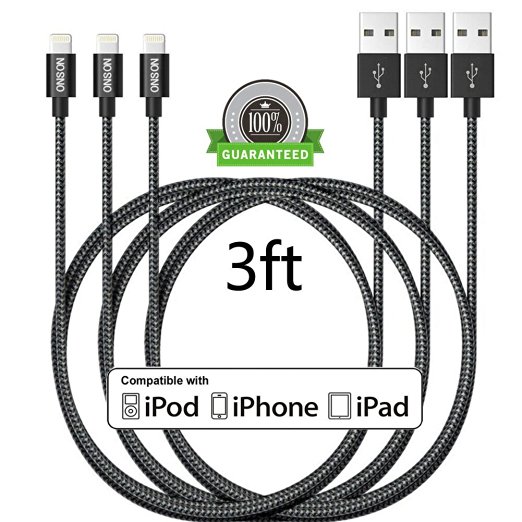 ONSON iPhone Cable,3Pack 3FT Nylon Braided Cord Apple Lightning Cable Certified to USB Charging Charger for iPhone 7/7 Plus/6/6 Plus/6S/6S Plus,SE/5S/5,iPad,iPod Nano 7 (Black White,3FT)