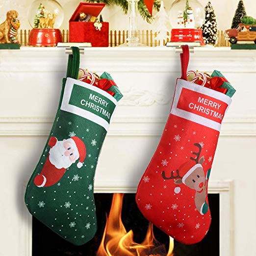 EasyAcc Christmas Stocking, Christmas Stocking 15.7" Set of 2 Santa, Snowman, Reindeer, Xmas Character 3D Plush with Faux Fur Cuff Christmas Decorations and Party Accessory (Short Hat2)