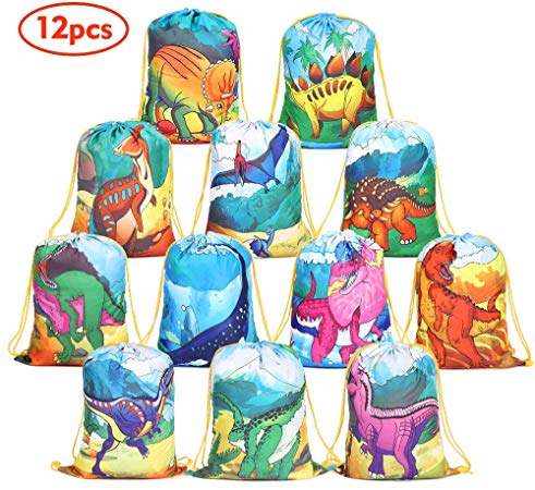 12 PCS Kids Party Favor Bags for Birthday Party Gift Package,Dinosaur Drawstring Bag Cartoon Party Favor Bag,Dinosaur Goody Bag Gift Pouch for Kids Boys and Girls Party