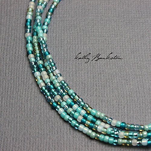 Blue Green Seed Bead Necklace, Long Blue Green Seed Bead Single Strand Necklace, Blue Green Layering Necklaces, Dainty Blue Necklaces